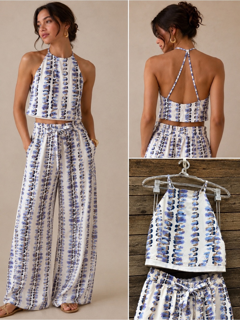 Love Blue and Cream Printed Halter Jumpsuit - Wide Leg